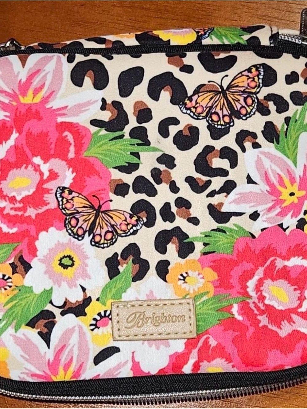 Brighton Floral & Leopard Cosmetic Pouch in Pink, Cream, Black & Green Travel